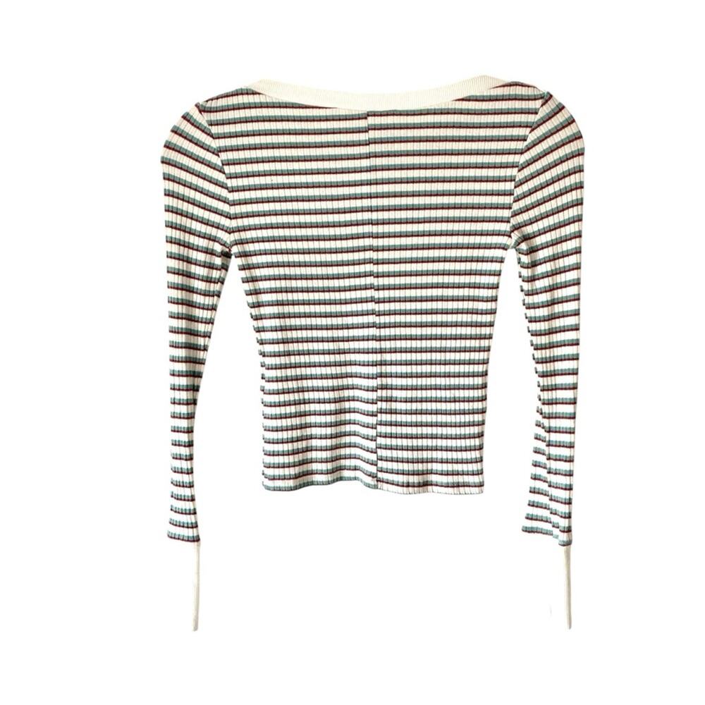Frame Cropped Stripe Knit Top size XS White Brown Green - Picture 8 of 9